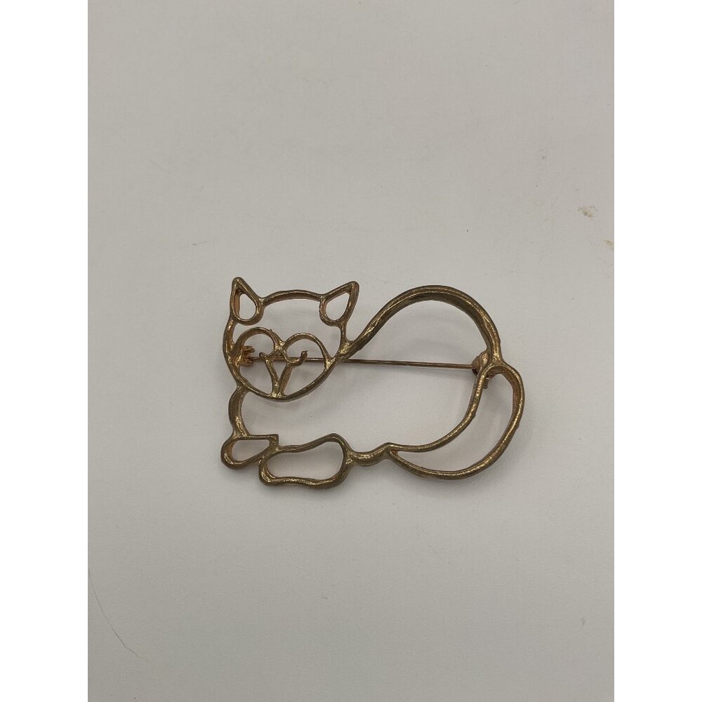 Vintage Cat Kitty Brooch Pin Gold Tone Cutout Outline Metal